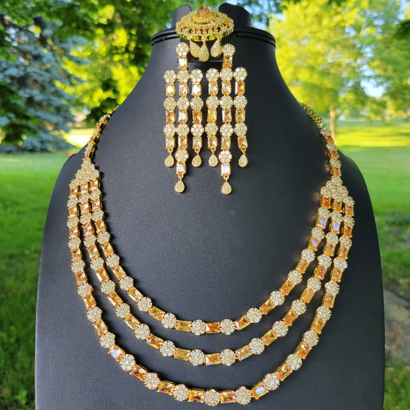Beautiful 3 layer Long Statement Simulated Diamond Necklace Earrings with Tika. - Picture 1 of 5